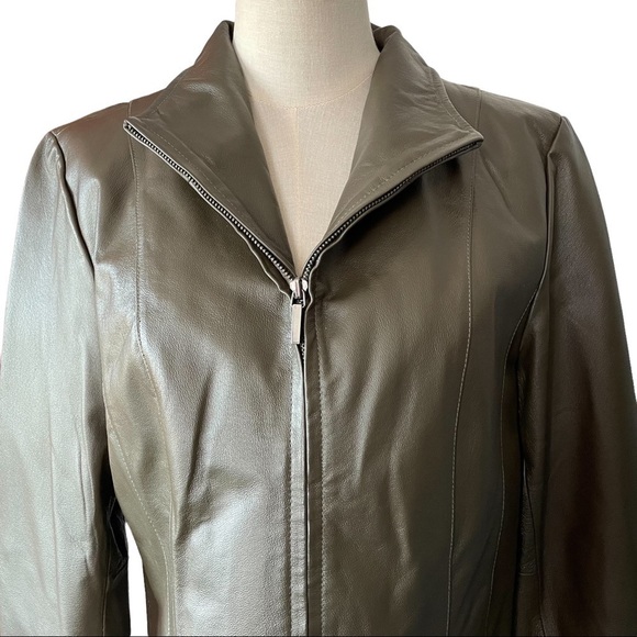 East 5th dark green full  front zip genuine leather jacket with pockets - Picture 2 of 13